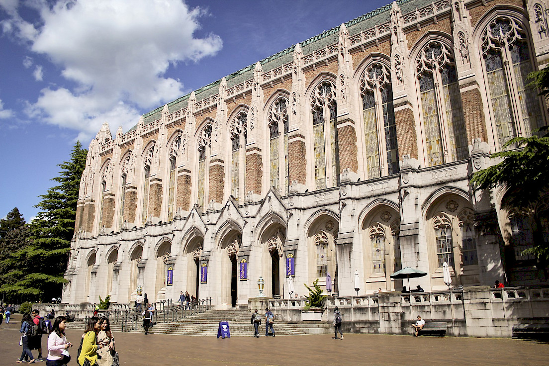 The front facade of Suzzallo Library on a sunny day